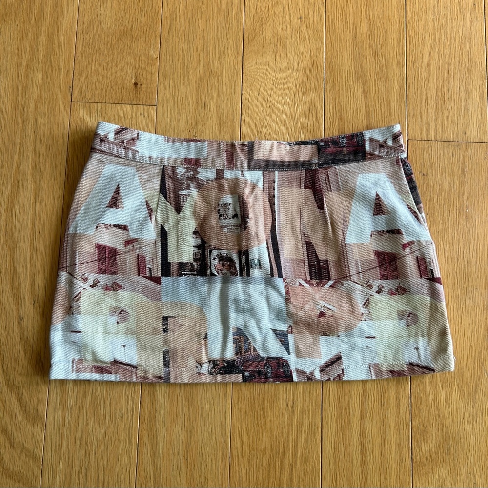 Peppermayo Y2K Denim Graphic Mini Skirt Brown Cream Tan Letters Race Cars US 4 - Picture 5 of 7